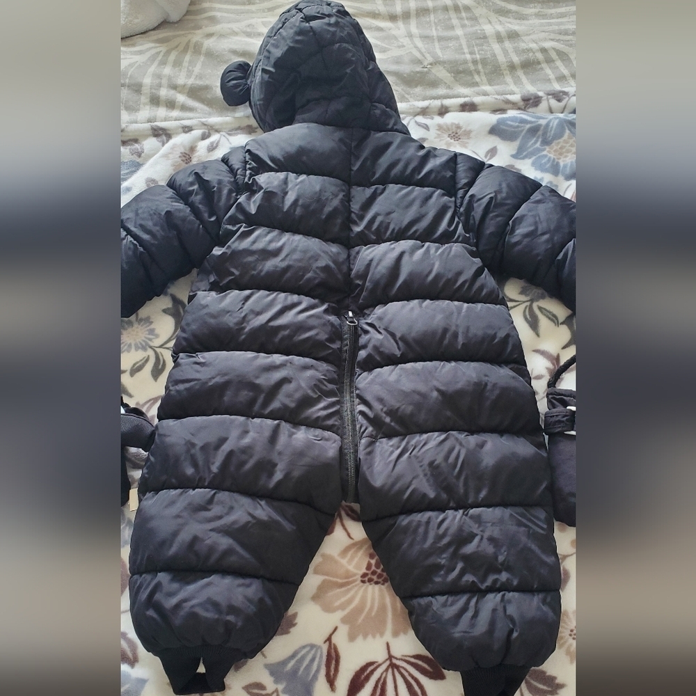 Baby Toddler Winter Snowsuit Black Puffer One Piece Snow Suit with Mittens - Picture 2 of 2
